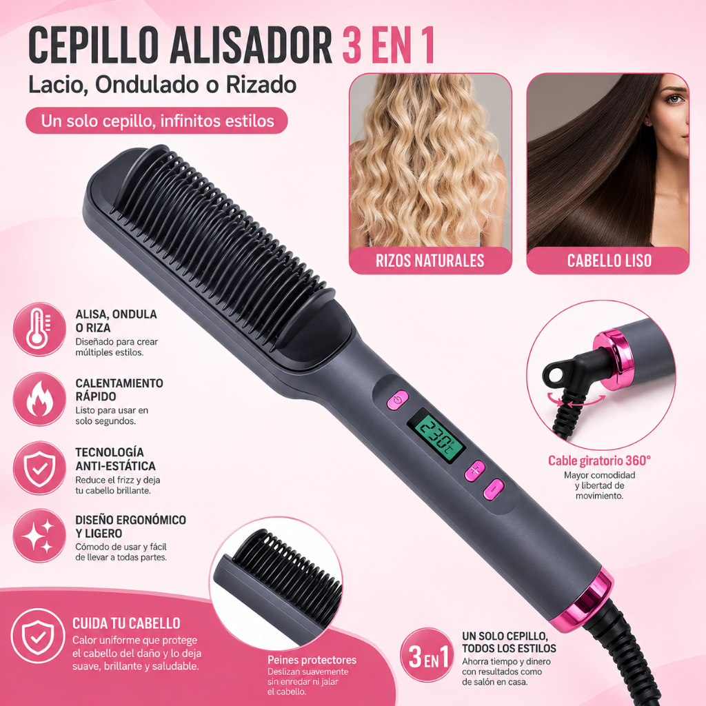 LissBella 3en1™ Cepillo alisador multifuncional para un look perfecto todos los días.